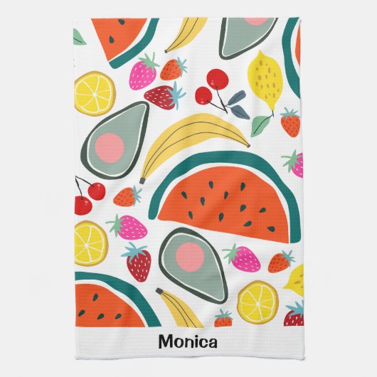Custom Name Cute Fruits Background Theedoek (Verticaal)