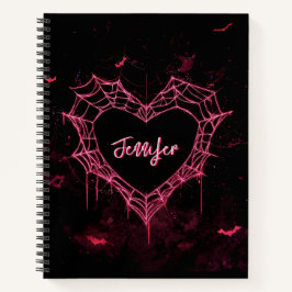 Custom Name Cute Gothic Pink Heart Spiderweb  Notitieboek