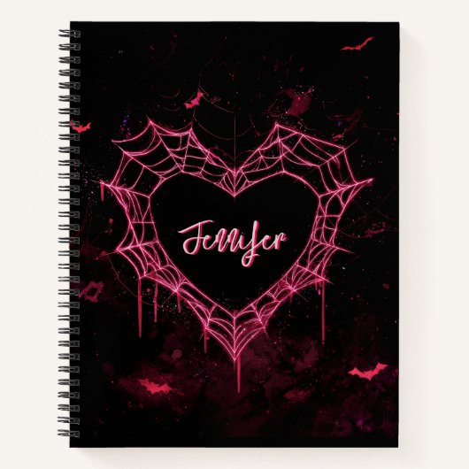Custom Name Cute Gothic Pink Heart Spiderweb  Notitieboek (Voorkant)
