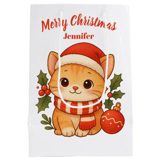 Custom Name Cute Kitten Merry Christmas Gift Bag Medium Cadeauzakje (Achterkant)