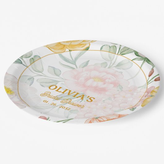 Custom Name Date Yellow Floral Bridal Shower Party Papieren Bordje (Gekanteld)