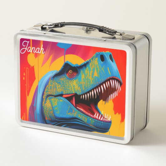 Custom Name Dinosaur Lunch Box - T-Rex Metal Box (Achterkant)