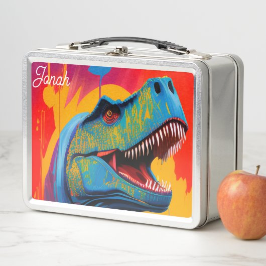 Custom Name Dinosaur Lunch Box - T-Rex Metal Box (In situ)