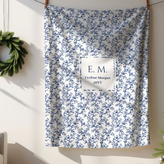 Custom Name Dusty Blue Toile Floral Cozy Blanket Sherpa Deken