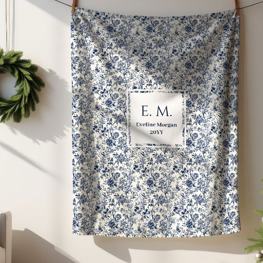 Custom Name Elegant French Toile Blue Blanket Sherpa Deken