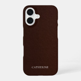 Custom Name Elegant Mahogany Faux Leather iPhone 16 Hoesje