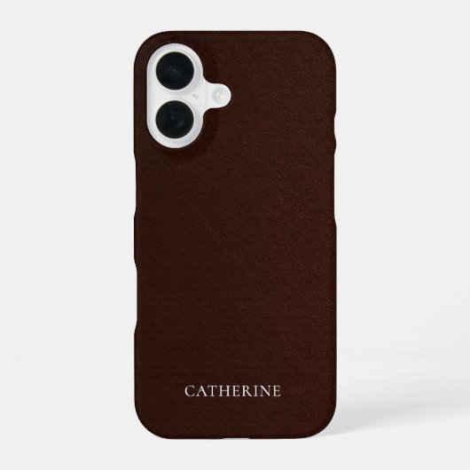 Custom Name Elegant Mahogany Faux Leather iPhone 16 Hoesje (Achterkant)