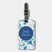 Custom Name Elegant Teal Blue Botanical Detailed Bagagelabel (Voorkant verticaal)