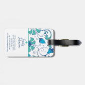 Custom Name Elegant Teal Blue Botanical Detailed Bagagelabel (Achterkant horizontaal)