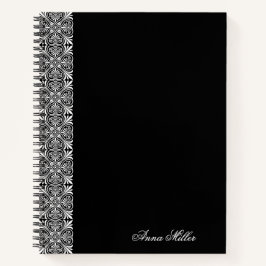 Custom name Elegant white tile pattern | black Notitieboek