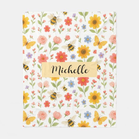 Custom Name Floral Bee Blanket Fleece Deken (Voorkant)