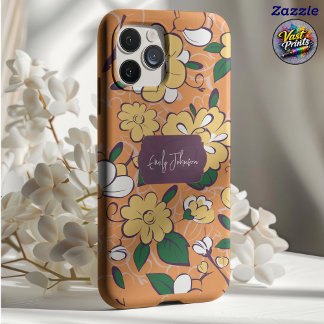 Custom Name Floral Orange Vintage Sketch Floral Case-Mate iPhone Case