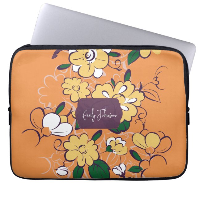 Custom Name Floral Pattern Orange Yellow White Laptop Sleeve (Voorkant)