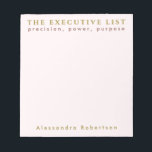 Custom Name Fun List Lover Pastel Pink Minimalist  Notitieblok<br><div class="desc">Fun stylish chic minimalist premium look personalized notepad for the unapologetic list maker. Delicate elegant pastel pink feminine girly background and classy golden and maroon brown typography. Add your name and custom text, for example the fun phrase saying quote THE EXECUTIVE LIST, that resonates so well with some of us,...</div>