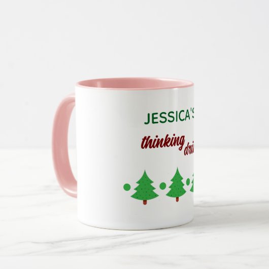 Custom Name Funny Thinking Drink Christmas Trees Mok (Voorkant links)