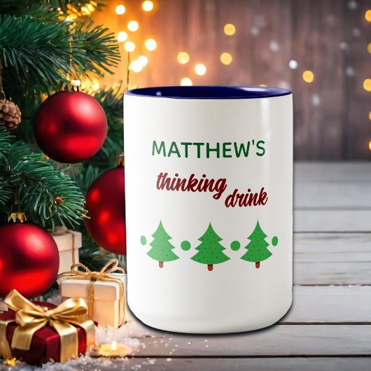 Custom Name Funny Thinking Drink Christmas Trees Tweekleurige Koffiemok