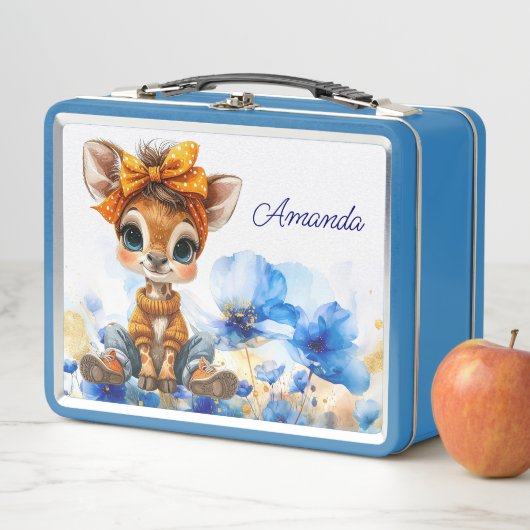 Custom Name Giraffe polka dot bow blue poppies (In situ)