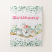 Custom Name Girls Koala Bear Pink & Greenery Legpuzzel (Verticaal)