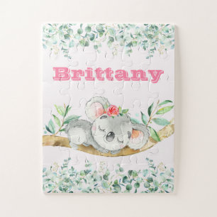 Custom Name Girls Koala Bear Pink & Greenery Legpuzzel