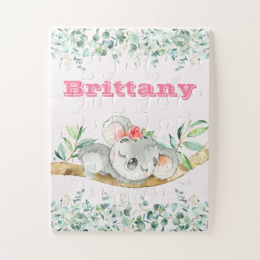 Custom Name Girls Koala Bear Pink & Greenery Legpuzzel (Verticaal)