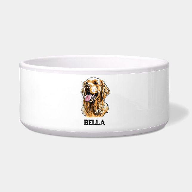 Custom Name Golden Retriever Dog Portrait Funny  Voerbakje (Voorkant)