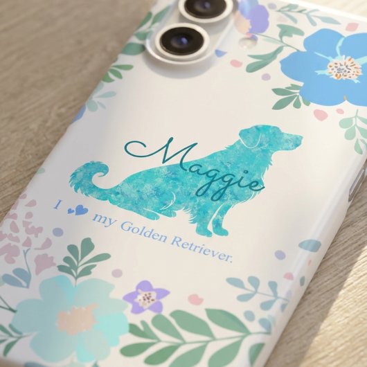 Custom Name Golden Retriever Pastel Blue Floral iPhone 16 Hoesje