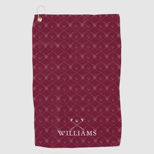 Custom Name Golf Clubs Pattern Burgundy Red Golfhanddoek (Voorkant)