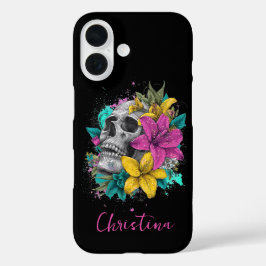 Custom Name Gothic Colorful Floral Skull  iPhone 16 Hoesje