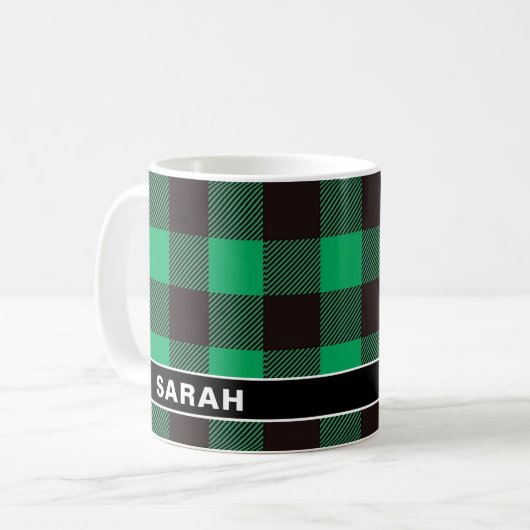 Custom Name Green & Black Buffalo Plaid Koffiemok (Voorkant links)