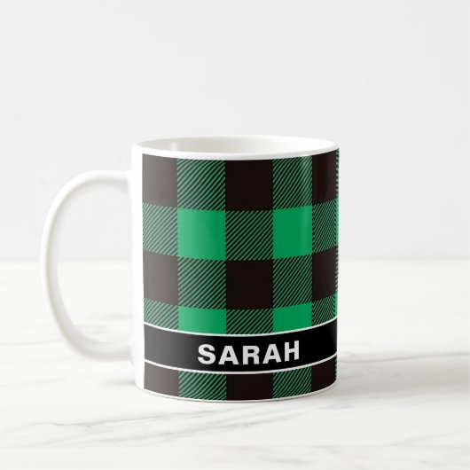 Custom Name Green & Black Buffalo Plaid Koffiemok (Links)