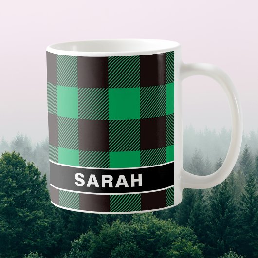 Custom Name Green & Black Buffalo Plaid Koffiemok