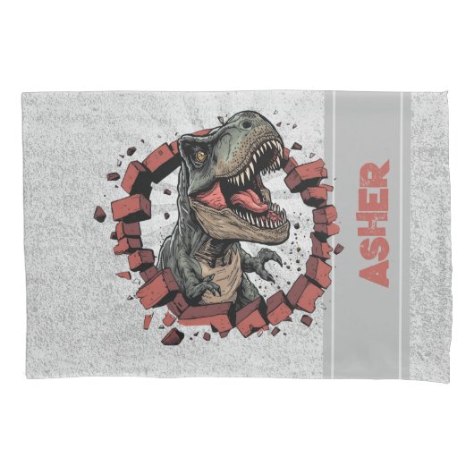 Custom Name Grey Boys Dinosaur Roaring T-Rex Kussensloop (Voorkant-Links)