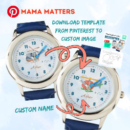 Custom Name & Image Blue Helicopter Kids Horloge