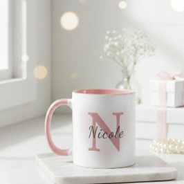 Custom Name &Initial Elegant Dusty Rose Pink Mug   Mok