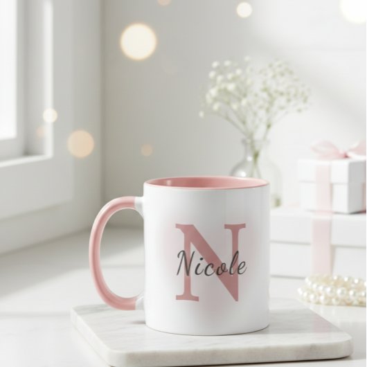 Custom Name &Initial Elegant Dusty Rose Pink Mug   Mok