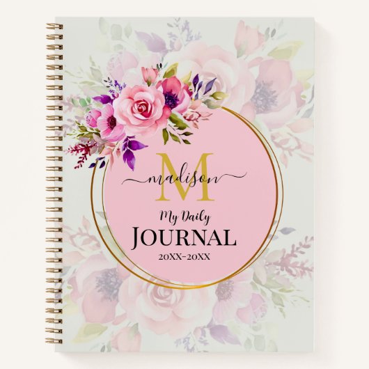 Custom Name & Initial Pink Watercolor Floral Notitieboek (Voorkant)