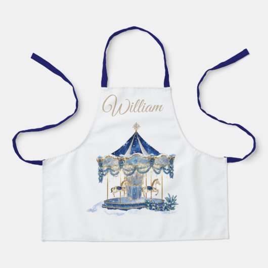 Custom Name Kids Apron | Blue Glitter Carousel  Schort (Voorkant)