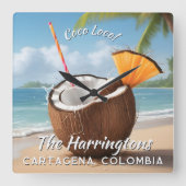 Custom Name & Location Coco Loco Vierkante Klok (Voorkant)