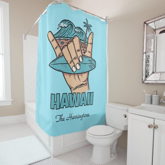 Custom Name & Location Surf Shaka Douchegordijn (In situ)