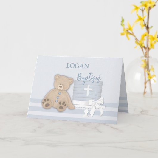 Custom Name, Logan, Blue Baptism Cake Teddy Bear Kaart (Gele Bloem)