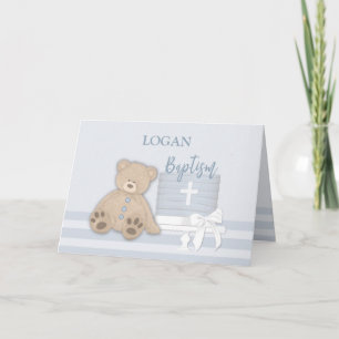 Custom Name, Logan, Blue Baptism Cake Teddy Bear Kaart