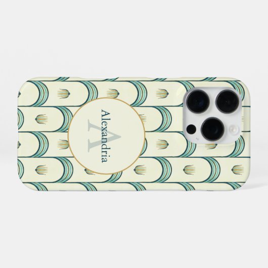 Custom Name & Monogram Art Deco Teal & Gold iPhone Hoesje (Achterkant horizontaal)