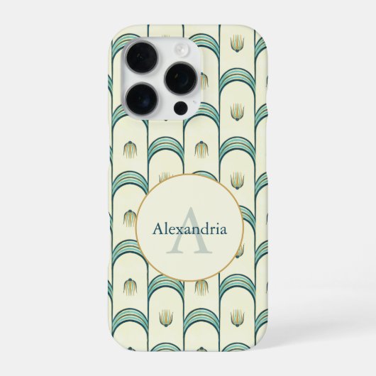 Custom Name & Monogram Art Deco Teal & Gold iPhone Hoesje (Achterkant)