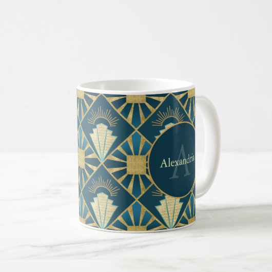 Custom Name & Monogram Art Deco Teal & Gold Koffiemok (Voorkant rechts)