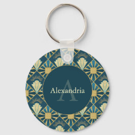 Custom Name & Monogram Art Deco Teal & Gold Sleutelhanger