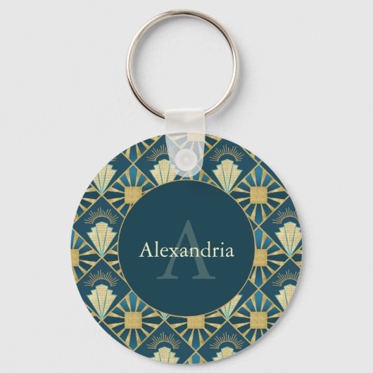 Custom Name & Monogram Art Deco Teal & Gold Sleutelhanger (Voorkant)