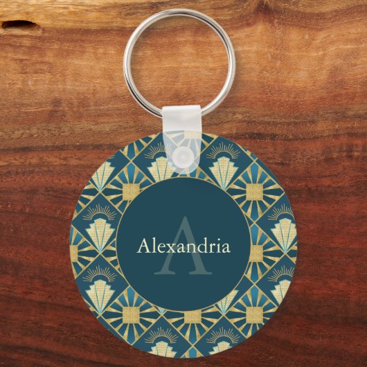 Custom Name & Monogram Art Deco Teal & Gold Sleutelhanger (Voorkant)