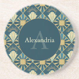 Custom Name & Monogram Art Deco Teal & Gold Zandsteen Onderzetter