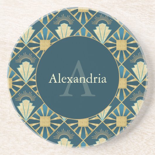 Custom Name & Monogram Art Deco Teal & Gold Zandsteen Onderzetter (Voorkant)
