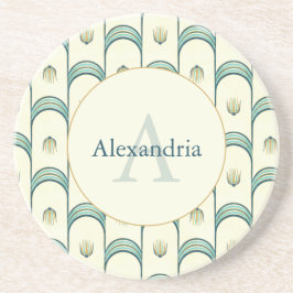 Custom Name & Monogram Art Deco Teal & Gold Zandsteen Onderzetter
